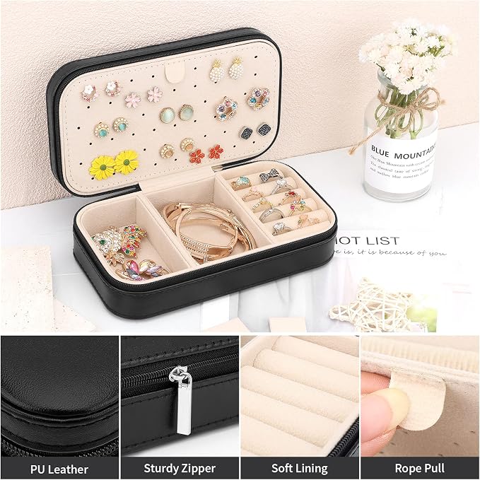 DesignSter Travel Jewelry Box, PU Leather Portable Jewelry Case, Small Jewelry - Image 3