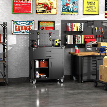 SUXXAN Black Tool Cart with Pegboard and 4 Hooks, Garage Storage Cabinet on - Image 6