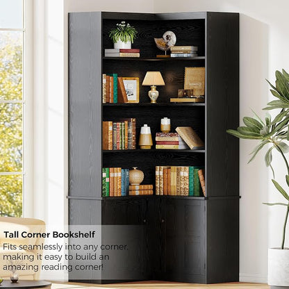 IRONCK Corner Bookshelf with Doors, 6 Tier Bookcase with Storage, Corner Shelf - Image 5
