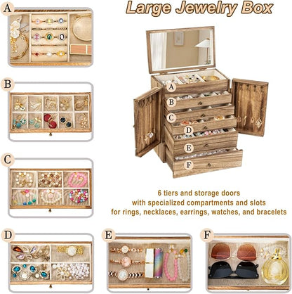 Emfogo Wooden Jewelry Box for Women, 6-Tier Large Jewelry Organizer Boxes - Image 4