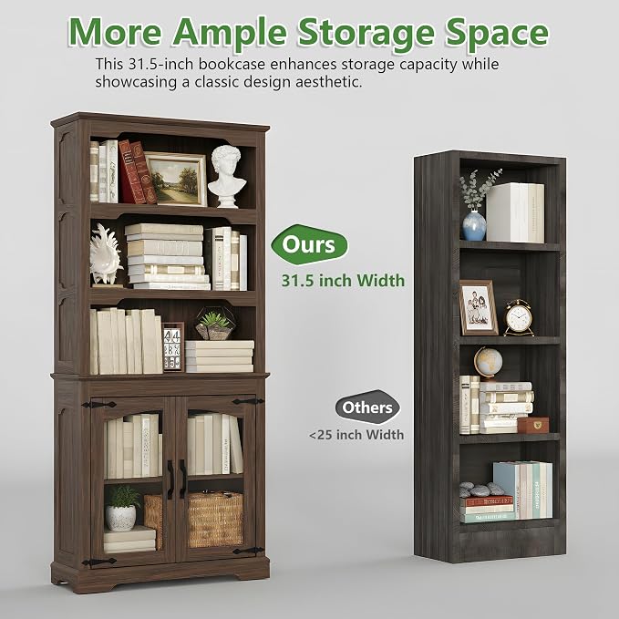 70 Inch Farmhouse Bookcase, Walnut Two-Tone Shelves, 5 Tier Bookshelf - Image 3