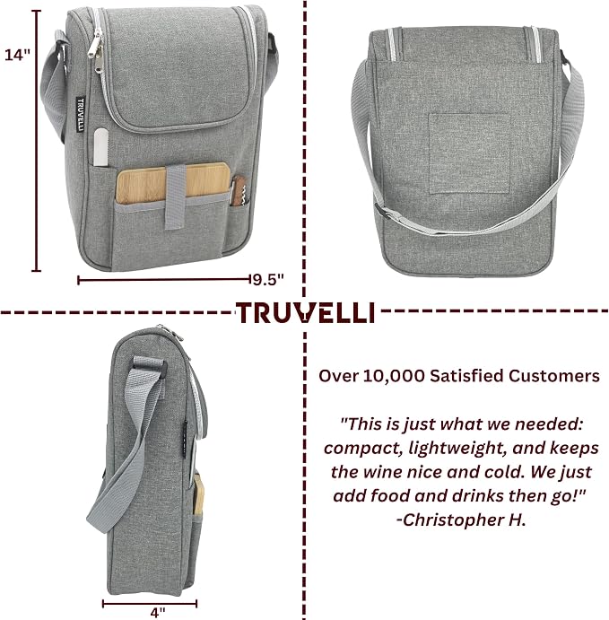 Truvelli Insulated Wine Tote Bag: Portable 2 Bottle Cheese Waterproof Black - Image 4
