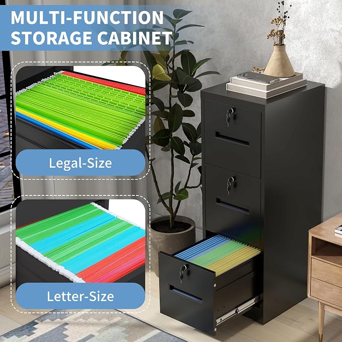 3 Drawer File Cabinet with 3 Locks, Metal Filing Cabinet Heavy Duty Vertical - Image 5