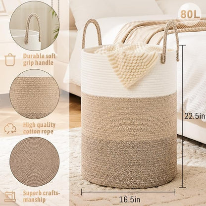 Laundry Basket, Woven Cotton Rope Laundry Hamper, 80L - Image 6
