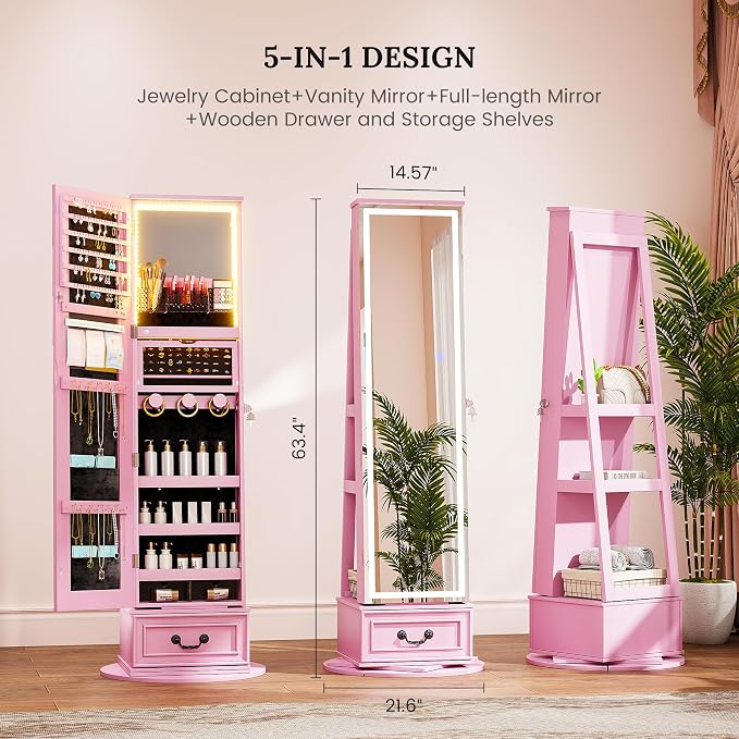 LVSOMT LED Mirror Jewelry Cabinet Standing, 360°Swivel Jewelry Armoire - Image 5