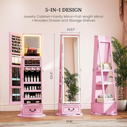 LVSOMT LED Mirror Jewelry Cabinet Standing, 360°Swivel Jewelry Armoire - Image 5