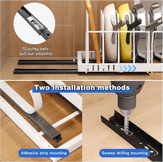 Pots and Pans Organizer Under Cabinet, 21.6" Deep Pull Out Pot Lid Organizer - Image 4