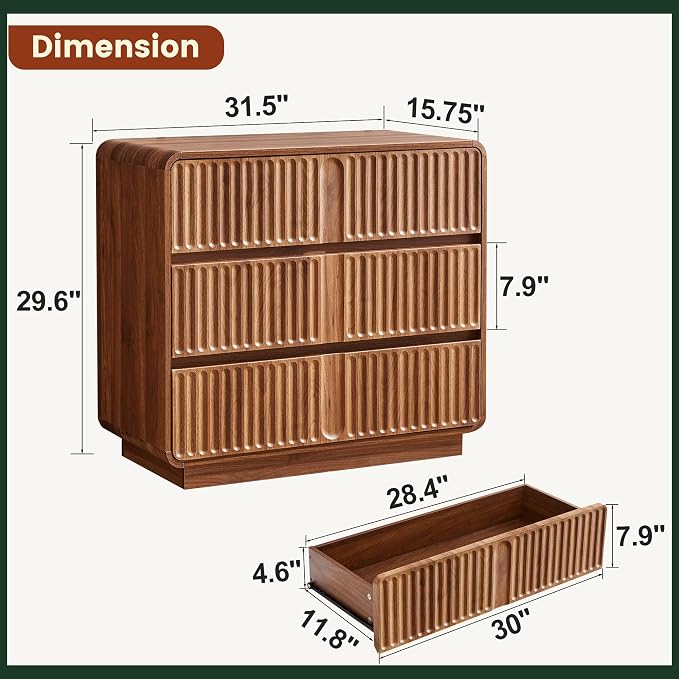 Fluted 3 Drawer Dressers for Bedroom, 31.5" Wide Large Mid Century Modern - Image 3