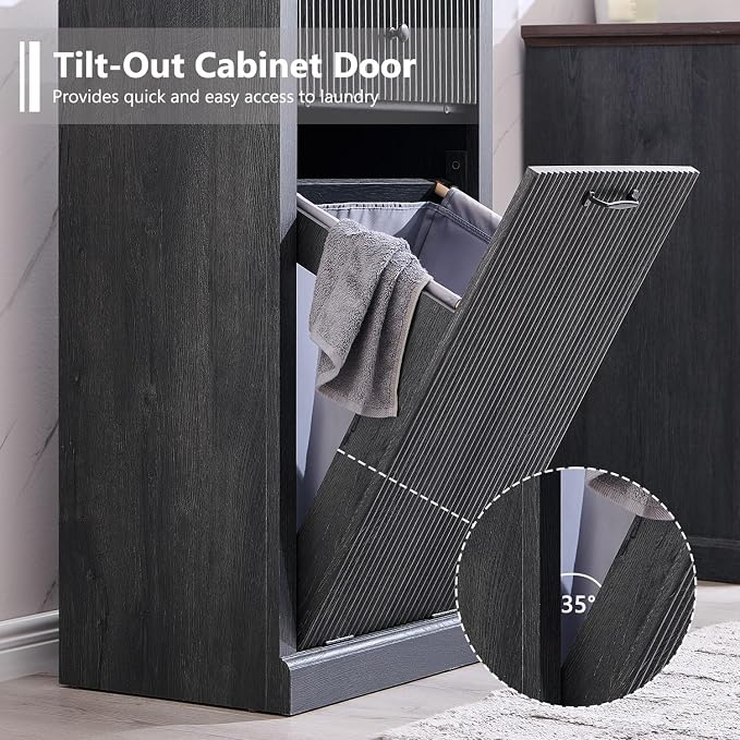 Modern Tilt-Out Laundry Hamper Cabinet, 10 Gallon Fluted Trash Can Cabinet - Image 4