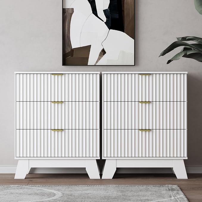 Night Stand Set 2, Bedside Table & End Table, Mid Century Modern Fluted Wood by WODEER