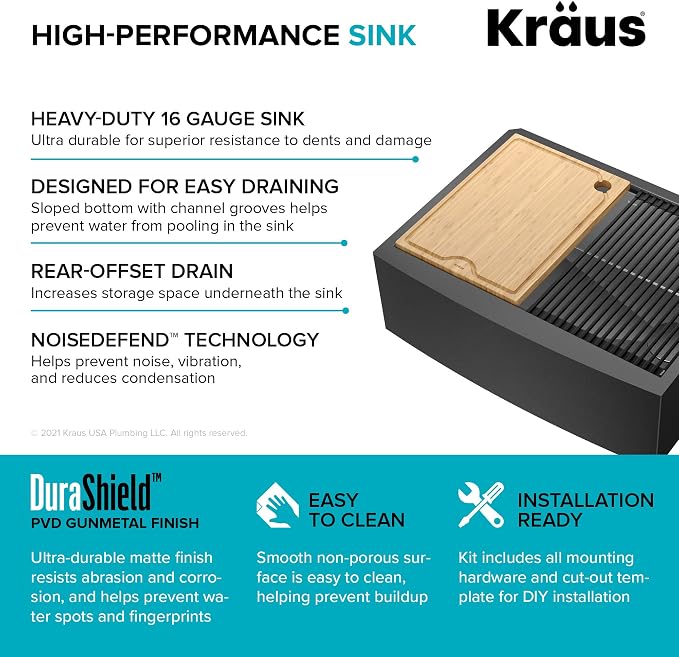 KRAUS Kore Workstation 27-inch Farmhouse Apron Front 16 Gauge Black Stainless - Image 14