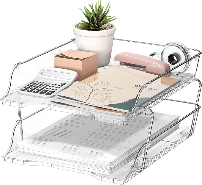 Simple Houseware 2-Tier Clear Stackable Letter Tray Organizer – Desktop File - Image 8