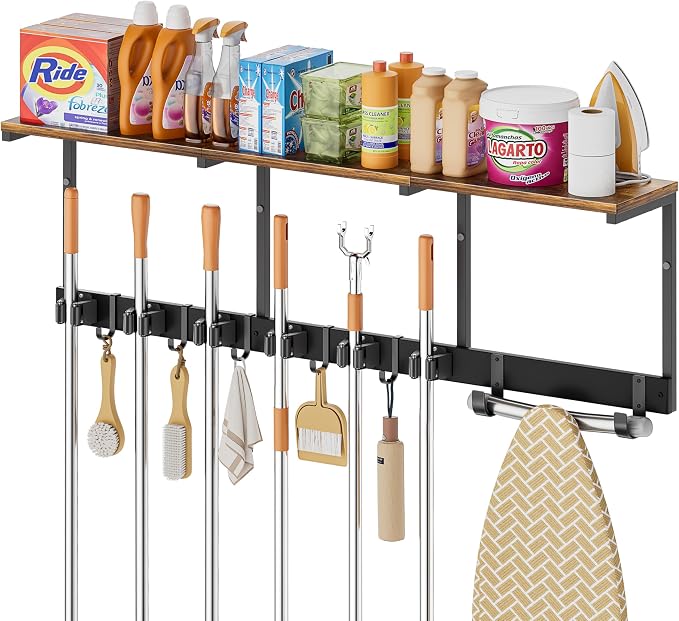Broom Holder Wall Mount with Cleaning Supplies Organizer, Laundry Room by Olakee