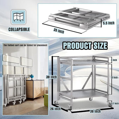 2 Shelf Rolling Cart with Wheels, 660lbs Capacity Collapsible Steel Rolling - Image 5