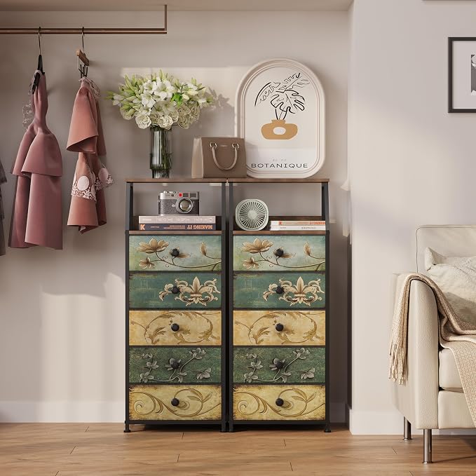 Tohomeor Nightstand with Fabric Drawers Dresser with 2 Tier Shelf Storage Tower - Image 5