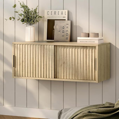 Fluted Floating Nightstand Set of 2 Modern Large TV Stands Wall Mounted Bedside - Image 3