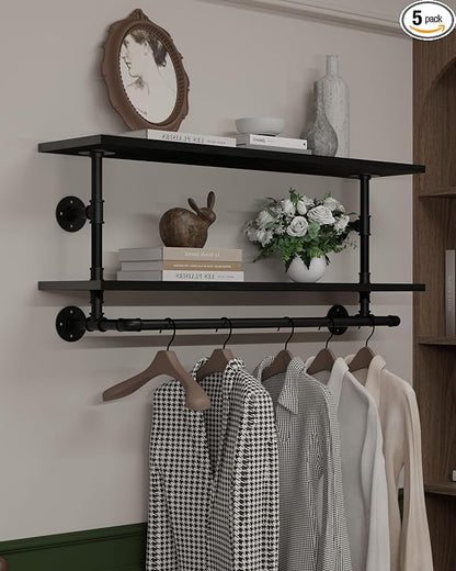 Black Clothes Rack 42in, 2-Tier Wall Mounted Garment Rack by INDUSTRIALSHELVESDESIGN