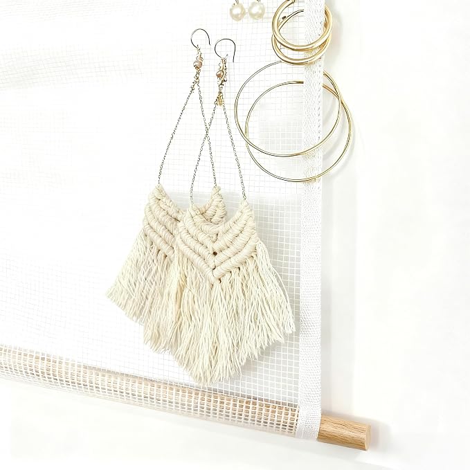 Mesh Earring Organizer with Wooden Rods Hanging Jewelry Display Holder - Image 2