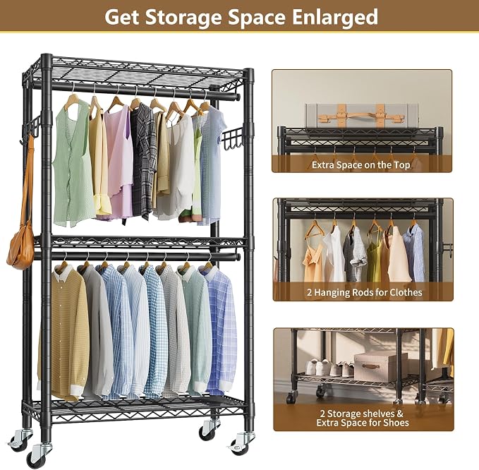 Heavy Duty Clothes Rack Rolling Garment Rack, 3 Tier Adjustable Wire Shelving - Image 4