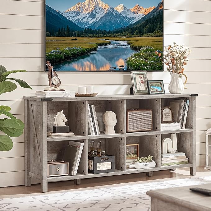 8 Cube Book Shelf, Farmhouse Wood Long Storage Organizer Bookcase, Hallway TV - Image 4