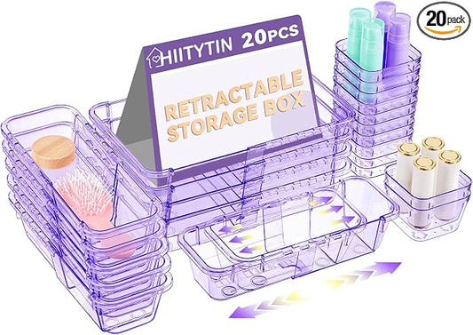20 Pcs Adjustable Clear Drawer Organizer, Extendable Vanity Storage Bins by Hiitytin