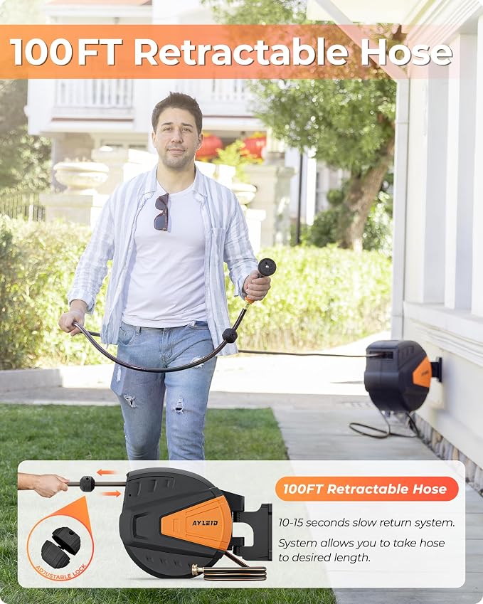 Ayleid Retractable Garden Hose Reel, 5/8 in x 100 FT Wall Mounted Hose Reel - Image 4