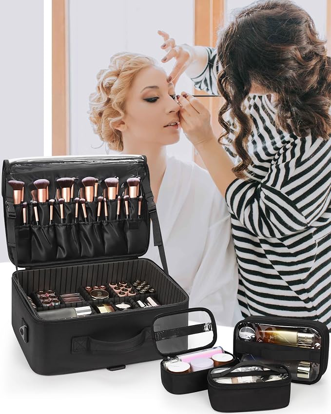 Relavel Large Makeup Bag with 3 Removable Pouches, Travel Train Case Cosmetic - Image 2