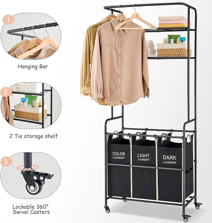 Laundry Sorter 3 Section, Laundry Hamper Cart - Image 3