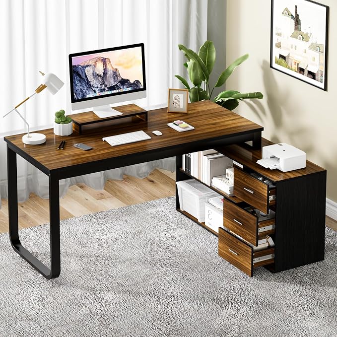 55 Inch L Shaped with Storage Shelves, Corner Computer Desk with Drawers by MAVERICKFURNI