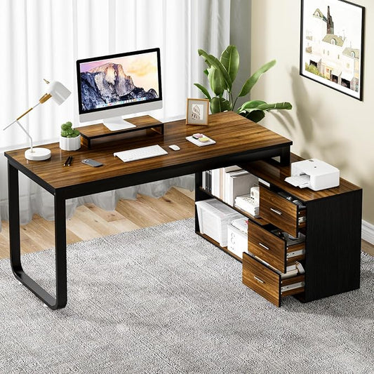 55 Inch L Shaped with Storage Shelves, Corner Computer Desk with Drawers by MAVERICKFURNI