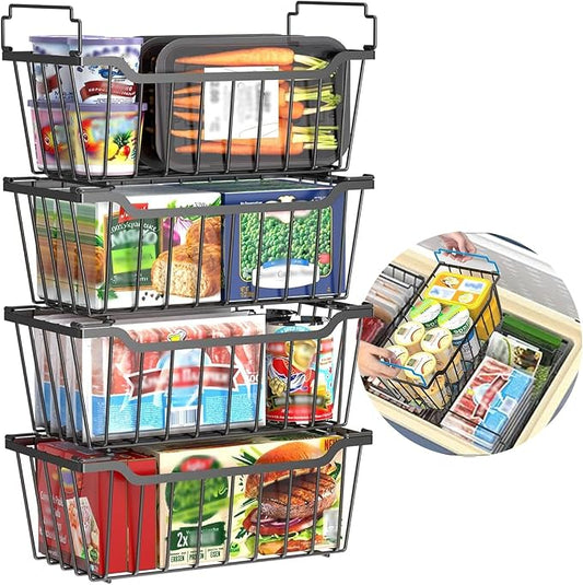 Freezer Organizer Bins with Foldable Handle, 4 Pack Stackable Freezer Baskets by Unknown