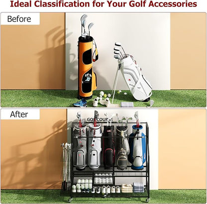Golf Bag Storage Rack on Wheels, Mobile 5-Bag Organizer - Image 7