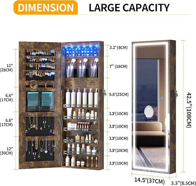 LVSOMT LED Mirror Jewelry Cabinet, Wall/Door Mount Jewelry Armoire Organizer - Image 5