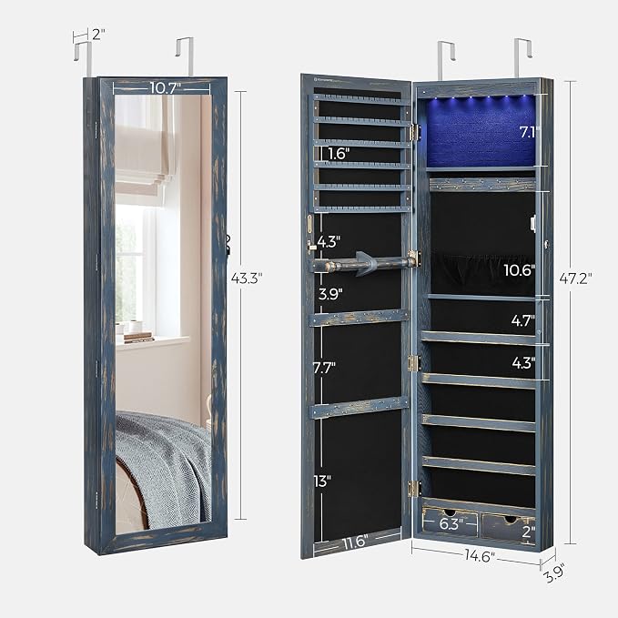 SONGMICS 6 LEDs Mirror Jewelry Cabinet, 47.2-Inch Tall Lockable Wall or Door - Image 6