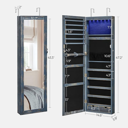 SONGMICS 6 LEDs Mirror Jewelry Cabinet, 47.2-Inch Tall Lockable Wall or Door - Image 6