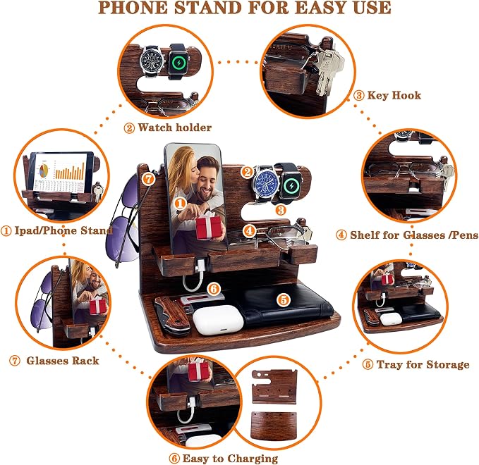 Gifts for Men Women Dad Husband Boyfriend Wood Phone Docking Station Nightstand - Image 4