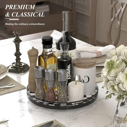 Black and White Kitchen Lazy Susan Turntable – Round Checkered Decorative Tray - Image 4