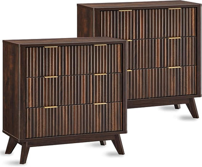 T4TREAM Fluted 3 Drawers Nightstand Set of 2, Oversized Extra Large Modern Side by T4TREAMFurniture