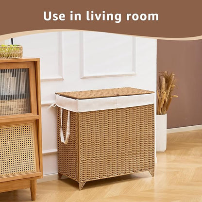 Laundry Hamper with Lid and Removable Liner Bag, Handwoven Rattan Clothes - Image 4