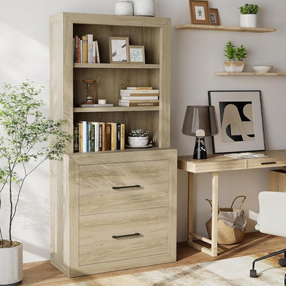 Multi-Depth Bookcase with 2 File Drawers, Bookshelves Floor Standing 3 Tier - Image 2