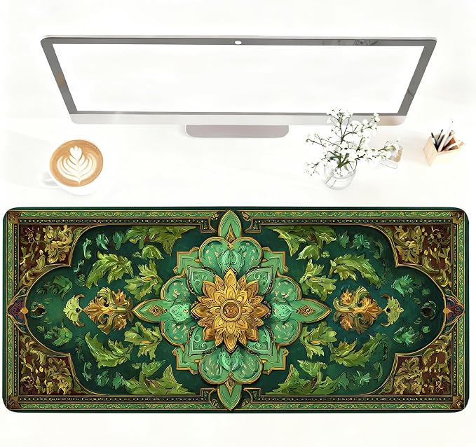 Green Vintage Floral Mouse Pad – Large Extended Desk Mat 35.43 x 15.75 in – by LEIWEIHOPE