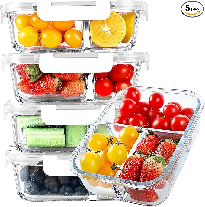 KOMUEE Glass Meal Prep Containers 3 Compartments, 5 Pack 36 oz, Glass Food by KOMUEEUS