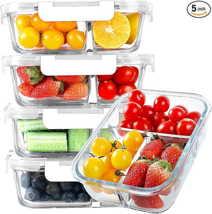 KOMUEE Glass Meal Prep Containers 3 Compartments, 5 Pack 36 oz, Glass Food by KOMUEEUS