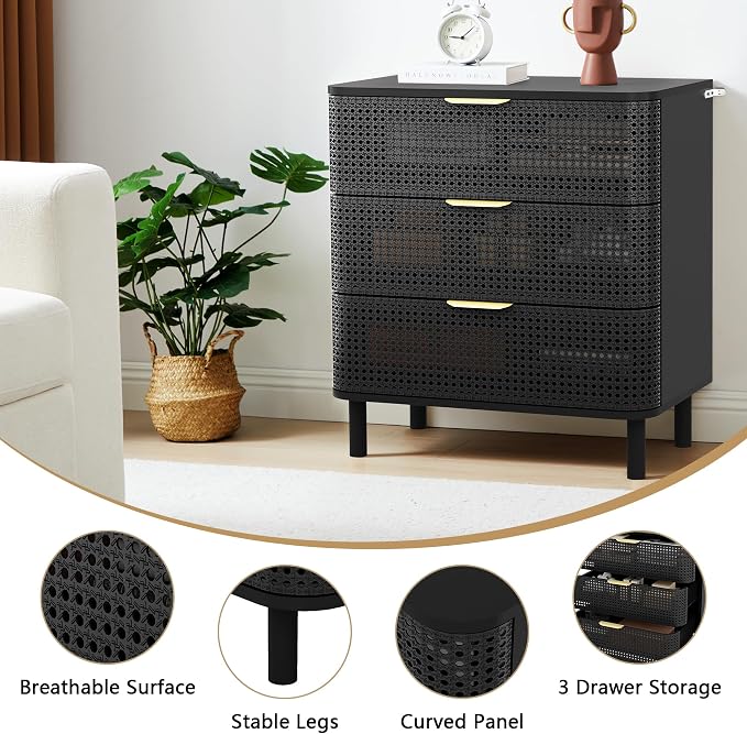 ORRD 3 Drawer Dresser Set of 2, Modern Iron Rattan Cabinet Dresser - Image 4