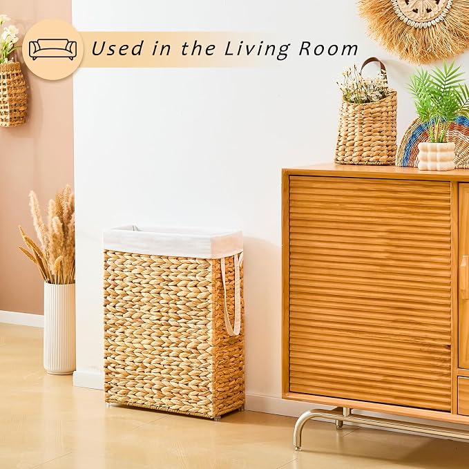 Handwoven Slim Laundry Hamper, 55L Narrow Laundry Basket, Natural Water - Image 5