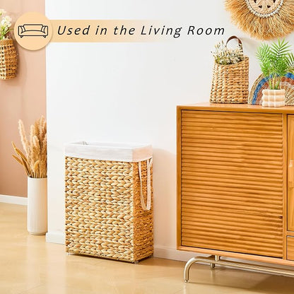 Handwoven Slim Laundry Hamper, 55L Narrow Laundry Basket, Natural Water - Image 5