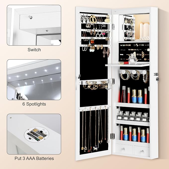 Mirror Jewelry Organizer, Wall/Door Mounted Jewelry Armoire - Image 7
