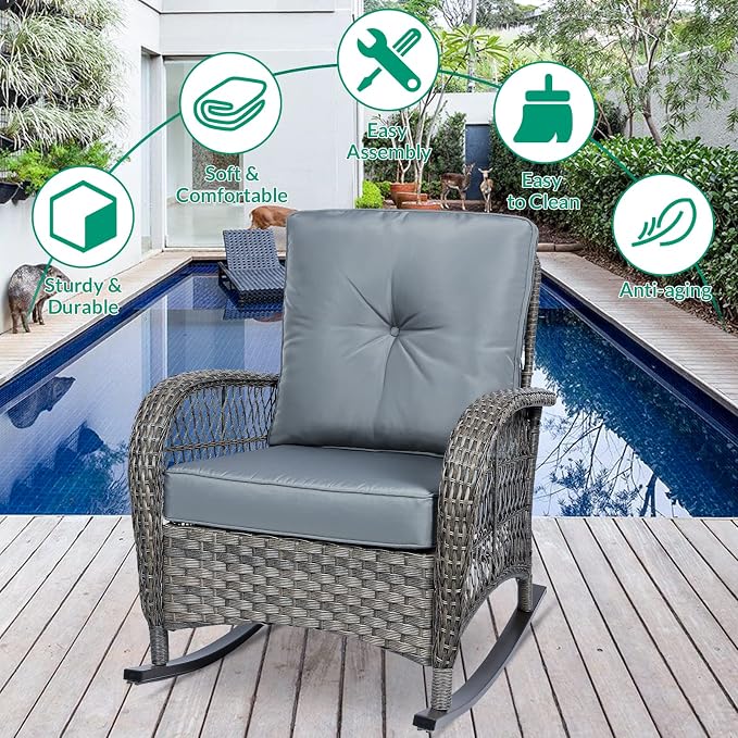VIVIJASON Outdoor Wicker Rocking Chair, Patio Rattan Rocker Chair - Image 5
