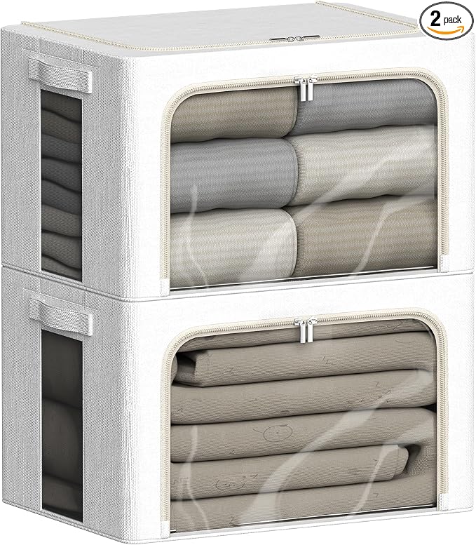 FHSQX 2 Pack Clear Window Storage Bins Large Stackable Linen Fabric Storage by FHSQX