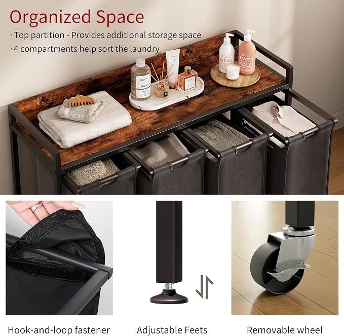 Laundry Hamper with Shelf, Laundry Basket 4 Section, Laundry Sorter with - Image 3